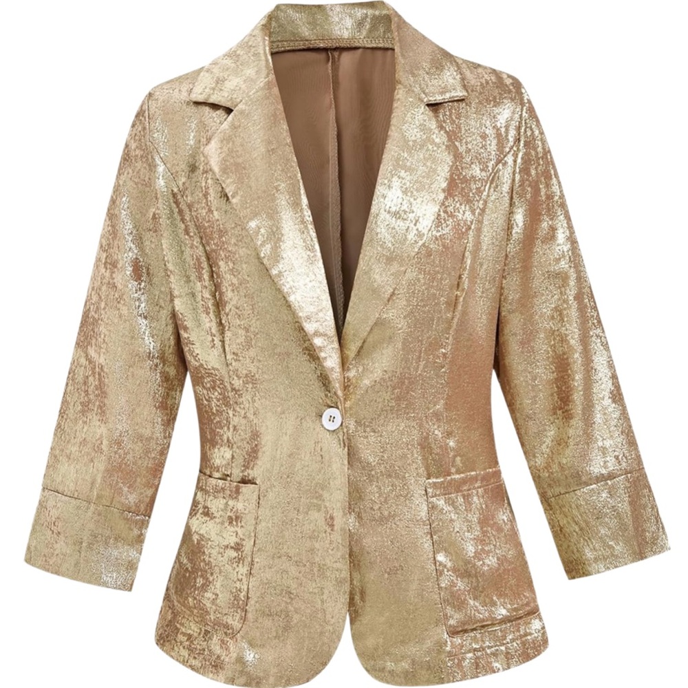 Gold Metallic Lightweight Blazer | Open Front Look | Chic Layering Jacket|Large